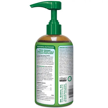A 2 Pack of Dr. Earth Pump & Grow Organic Tomato Vegetable & Herb 3-2-2 Fertilizer, each 16oz bottle with a green pump top, featuring usage instructions and product info on the label.