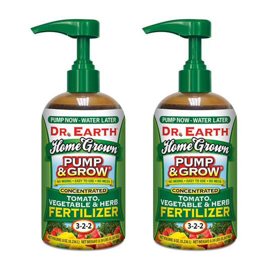 Two bottles of Dr. Earth 2 Pack Pump & Grow Organic Tomato Vegetable & Herb 3-2-2 Concentrated Fertilizer (8oz) are shown side by side, safe for people & pets and ideal for growing thriving tomatoes, vegetables, and herbs.