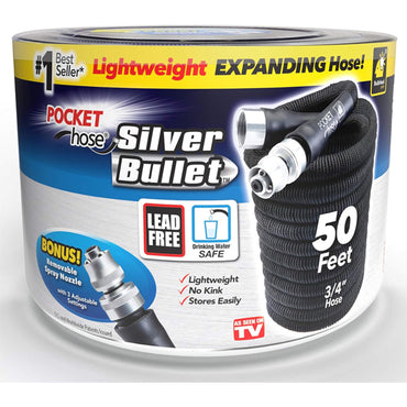 Packaging for the Pocket Hose Silver Bullet 50 ft Turbo Shot Nozzle Multiple Spray Garden Hose by Pocket Hose, a 3/4-inch expandable hose with lead-free connectors, safe for drinking water, and includes a removable turbo shot nozzle.