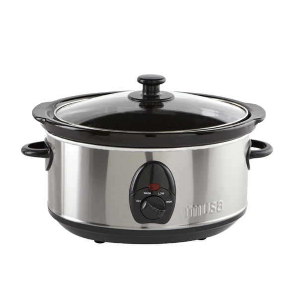 The IMUSA Electric Stainless Steel PTFE Nonstick Slow Cooker 3.7 Quarts features a removable ceramic pot, glass lid, black handles, and a control dial for warm, low, and high settings—ideal for convenient one-pot meals.