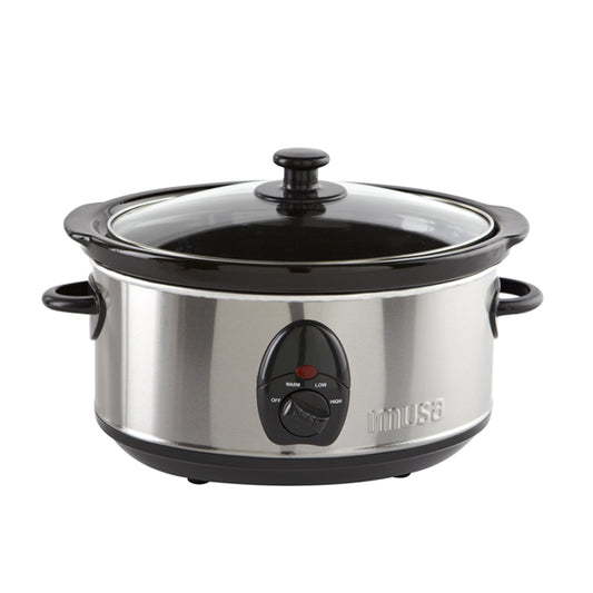 The IMUSA Electric Stainless Steel PTFE Nonstick Slow Cooker 3.7 Quarts features a removable ceramic pot, glass lid, black handles, and a control dial for warm, low, and high settings—ideal for convenient one-pot meals.