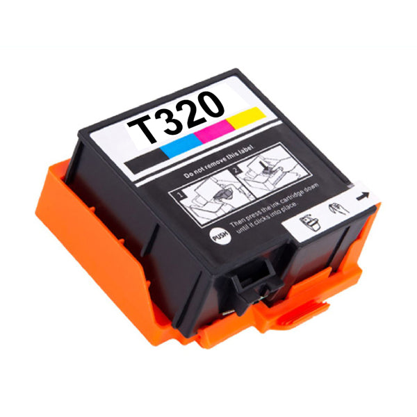 The SAIBOYA T320 320 Ink Cartridge Replacement for E-PictureMate PM-400 Printer features a black case, orange cover, color indicators (cyan, magenta, yellow, black), installation instructions, and high page yield for long-lasting use.
