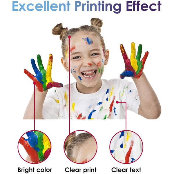 A smiling child with painted hands and face wears a vibrant shirt, highlighting the SAIBOYA T320 320 Ink Cartridge Replacement for E-PictureMate PM-400 Printer’s clear text and vivid color printing by SAIBOYA.