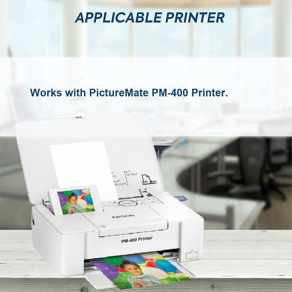 A SAIBOYA T320 320 Ink Cartridge Replacement allows the E-PictureMate PM-400 Printer to print two vivid color photos in a bright office. Packaging notes compatibility with PictureMate PM-400 Printer.