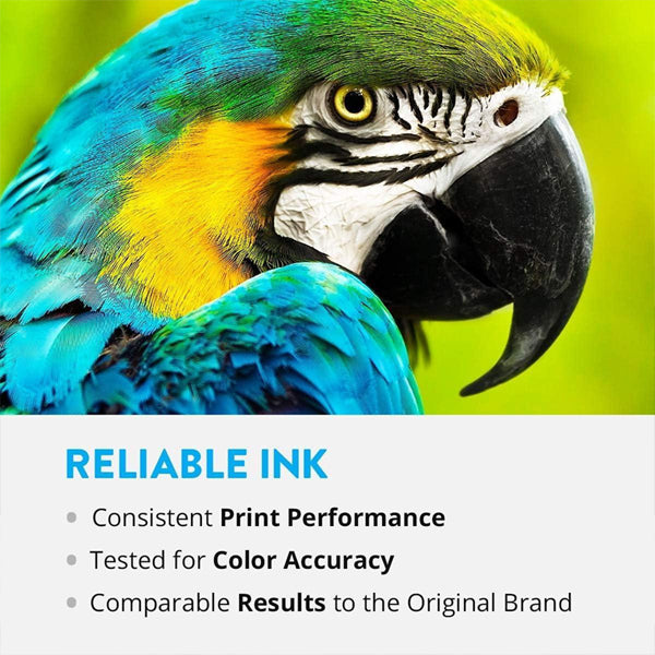Close-up of a vibrant parrot above text promoting SAIBOYA T320 320 Ink Cartridge Replacement for E-PictureMate PM-400—delivers reliable ink, high page yield, excellent print performance, and color accuracy comparable to the original brand.