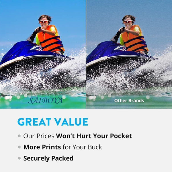 Split image comparing two jet ski photos; the left (SAIBOYA T320 320 Ink Cartridge Replacement for E-PictureMate PM-400 Printer) is sharp, the right (Other Brands) is faded. Text highlights more value, higher page yield, and secure packaging.