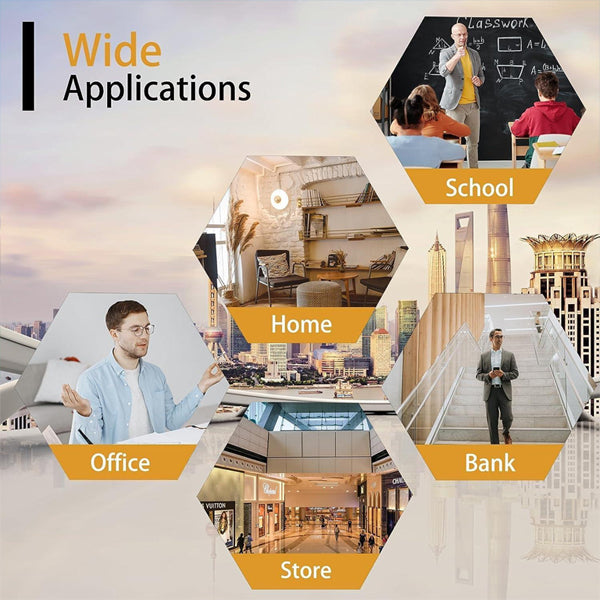 Collage of five labeled images—school, home, office, bank, and store—demonstrating the SAIBOYA T320 320 Ink Cartridge Replacement for E-PictureMate PM-400 Printer’s wide applications and reliable results.