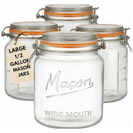 4 Pack - Large Wide Mouth Glass Mason Half Gallon Food Storage & Canning Jars