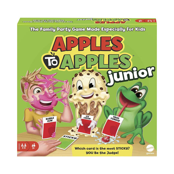 The box cover of Mattel Games Apples to Apples Junior the Game of Crazy Comparisons! by Mattel shows cartoon characters—a bubble gum-faced boy, an ice cream cone, and a frog—each holding red cards for fun entertainment and vocabulary building.