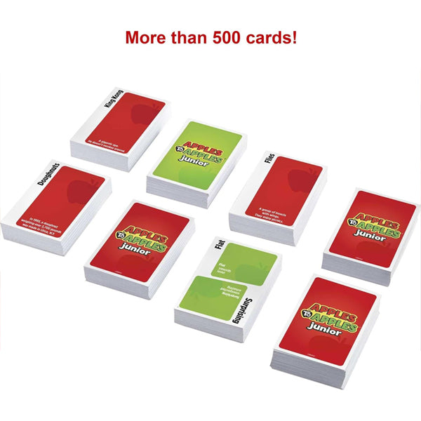 Nine stacks of Mattel Games Apples to Apples Junior the Game of Crazy Comparisons! cards by Mattel are displayed on a white background, with text above stating “More than 500 cards! Perfect for expanding vocabulary and fun entertainment.”.