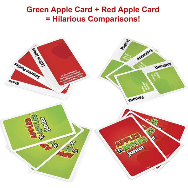 Several sets of red and green Apples to Apples Junior cards from Mattel Games are spread out on a white surface, with the game box in the background—a fun Mattel game that helps kids expand their vocabulary.