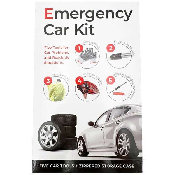 The Stay Focused 2 Pack - 5 Piece Emergency Car Kit includes work gloves, tire pressure pen, rain poncho, jumper cables, and double-sided screwdriver in a zippered case; features car and tool set images.