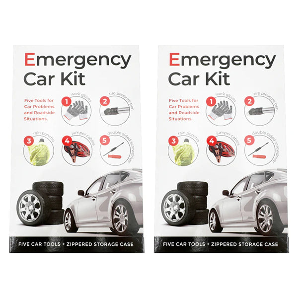 Stay Focused 2 Pack - 5 Piece Emergency Car Kit includes essential tools and a zippered storage case, ideal for roadside emergencies. Features illustrations of a white car, stacked tires, and the included tool set.