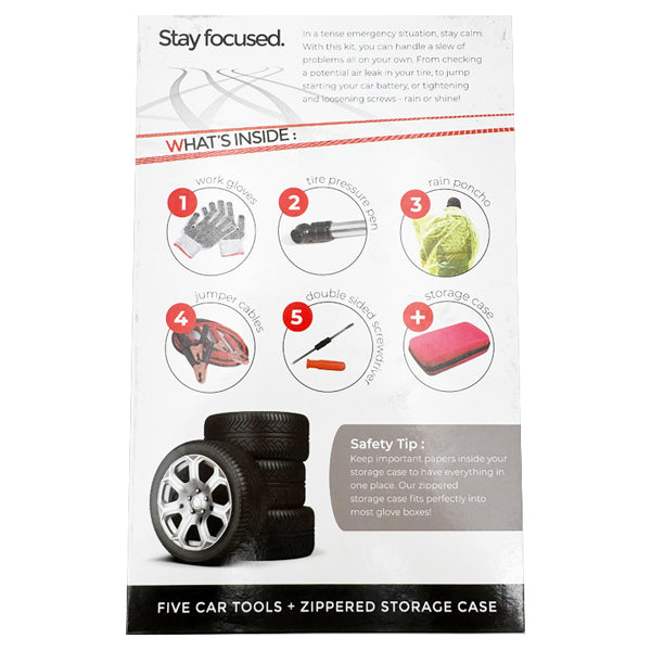 Image of the Stay Focused 2 Pack - 5 Piece Emergency Car Kit: includes work gloves, tire pressure gauge, rain poncho, jumper cables, double-sided screwdriver, plus a zippered storage case—essential car safety tools by Stay Focused.
