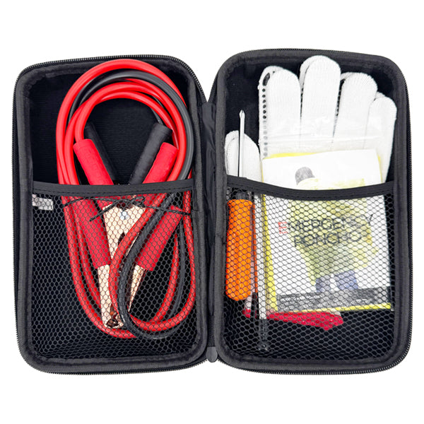 The Stay Focused 2 Pack - 5 Piece Emergency Car Kit includes jumper cables, gloves, a screwdriver, a manual, and more—organized in a zippered case for compact car maintenance.