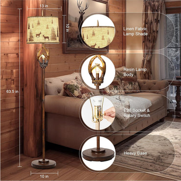 The Scenekoy Rustic Farmhouse Antlers Floor Lamp features a brown finish, round linen shade, resin body, E26 socket with rotary switch, and a stable base. Dimensions: 63.5 high, 13 shade diameter—perfect for rustic living rooms.