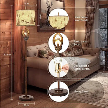 The Scenekoy Rustic Farmhouse Antlers Floor Lamp features a brown finish, round linen shade, resin body, E26 socket with rotary switch, and a stable base. Dimensions: 63.5 high, 13 shade diameter—perfect for rustic living rooms.
