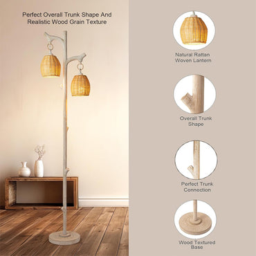 The Scenekoy 68 High Farmhouse Rustic Country Cottage Floor Lamp Tree Trunk Faux Wood, featuring two rattan drum shades and a textured base, adds farmhouse charm to wooden floors and minimal décor. Four highlighted features appear on the right.
