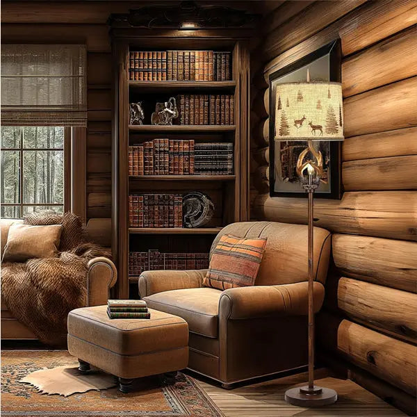 A cozy log cabin room with a leather armchair, ottoman, Scenekoy Rustic Farmhouse Antlers Floor Lamp Nightlight with a brown finish and round shade, bookshelf filled with books, window, and decorative rug.