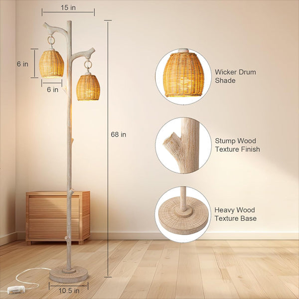 The Scenekoy 68 High Farmhouse Rustic Country Cottage Floor Lamp features two wicker drum shades and a tree trunk faux wood finish, shown with labeled features against a light wall and wood floor.