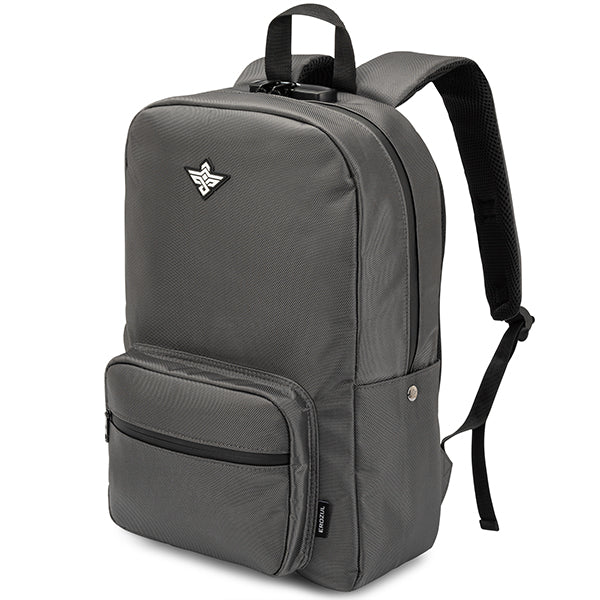 The Erozul Legend Smell Proof Back Pack by Erozul features a gray design, activated carbon lining, front zip pocket, main zip compartment, black shoulder straps, an upper front badge, and a combination lock.