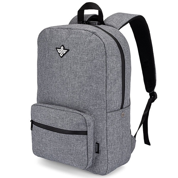 The Erozul Legend Smell Proof Back Pack With Combination Lock by Erozul features gray fabric, black zippers, a front zip pocket, top handle, adjustable padded straps, activated carbon lining, and a small logo patch on the upper front.