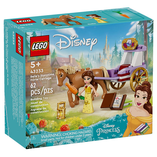LEGO Disney Princess Belles Storytime Horse Carriage 43233 features Belle, a horse, and a carriage. With 62 pieces and for ages 5+, its perfect for LEGO fans who love princess adventures and includes collectible rings!.