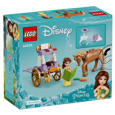 LEGO Disney Princess Belles Storytime Horse Carriage 43233 set by LEGO, featuring Belle, a horse, carriage, and accessories—ideal for LEGO Princess fans and collectors—shown on a turquoise background.
