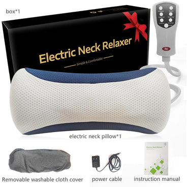 The Best Tool Electric Cervical Neck and Shoulder Relaxer with Heat and Height Adjustment includes a pillow, remote, washable cover, power cable, manual, and box—designed for neck decompression and posture improvement.