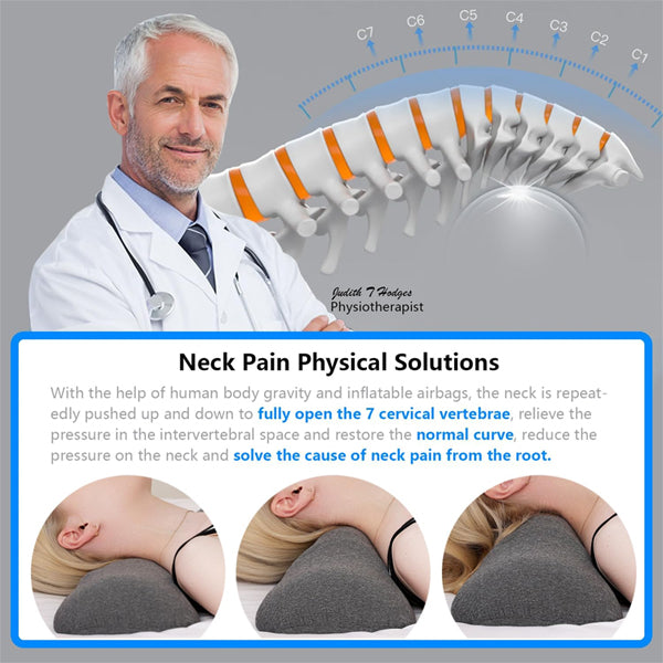 A doctor stands by a spine graphic, with info below showing how the Best Tool Electric Cervical Neck and Shoulder Relaxer with Heat and Height Adjustment can ease neck pain and improve posture through cervical support.