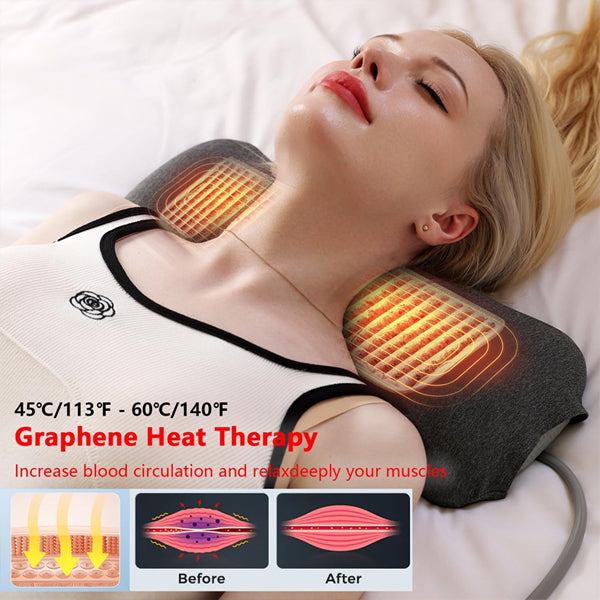 A woman uses the Best Tool Electric Cervical Neck and Shoulder Relaxer with Heat and Height Adjustment. Overlays show graphene heat therapy benefits, highlighting muscle relaxation, posture improvement, and before/after results.