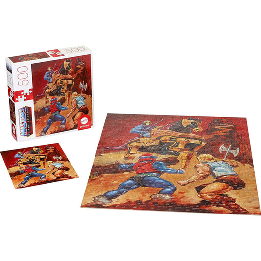 The Mattel Games Masters of The Universe 500 Piece Jigsaw Puzzle features classic characters in action, shown completed beside its box and a reference image on a red background. Brand: Mattel.