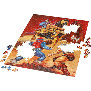 The Mattel Games Masters of The Universe 500 Piece Jigsaw Puzzle features three armored characters in a dramatic scene, with several puzzle pieces missing and scattered, making for an exciting challenge by Mattel.