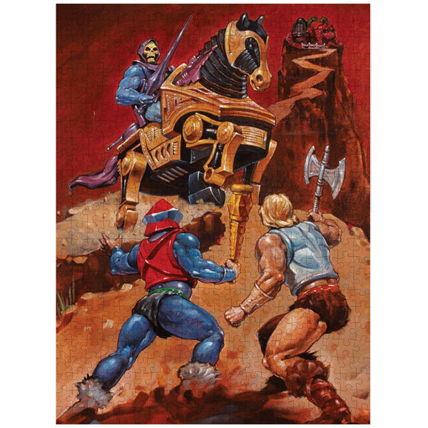 The Mattel Games Masters of The Universe 500 Piece Jigsaw Puzzle features a robotic horse and skeletal rider facing two warriors with weapons in a dramatic rocky landscape, designed by Mattel for puzzle fans.