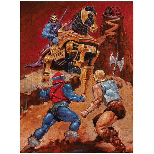 The Mattel Games Masters of The Universe 500 Piece Jigsaw Puzzle features a robotic horse and skeletal rider facing two warriors with weapons in a dramatic rocky landscape, designed by Mattel for puzzle fans.