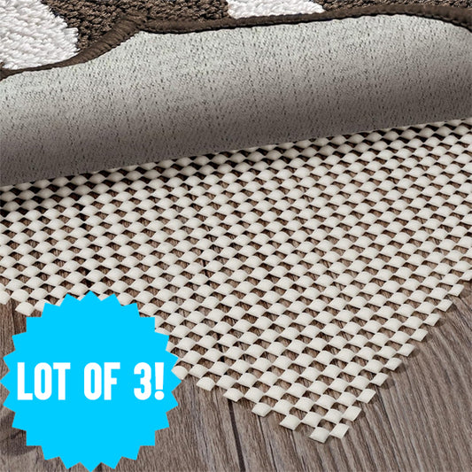 A close-up shows the Unbranded 3 Pack - Non Slip Rug Pad Under Carpet Rug Gripper for Hardwood Floors (3x5) beneath a rug on a wooden floor. A blue LOT OF 3! badge appears in the corner.