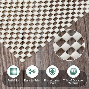 Unbranded 3 Pack Non Slip Rug Pad Under Carpet Rug Gripper for Hardwood Floors (3x5), shown on wood floor with closeup and icons highlighting anti-skid tech, easy trim, floor protection, and durable material.