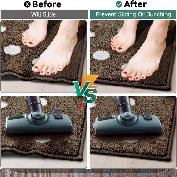 Comparison image shows a rug sliding and bunching before, but staying flat and secure after using the Unbranded 3 Pack Non Slip Rug Pad Under Carpet Rug Gripper for Hardwood Floors 3x5, thanks to its anti-skid technology.