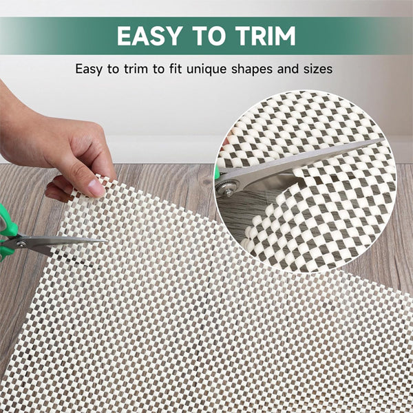 A hand trims the Unbranded 3 Pack - Non Slip Rug Pad Under Carpet Rug Gripper for Hardwood Floors 3x5 with green scissors on a wooden floor; an inset shows the cutting. Text: Easy to trim to fit unique shapes and sizes.