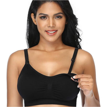 A woman wears the GXXGE 4Pack Seamless Nursing Maternity Bra for Breastfeeding (Medium), lifting one cup to show nursing access, against a plain white background.
