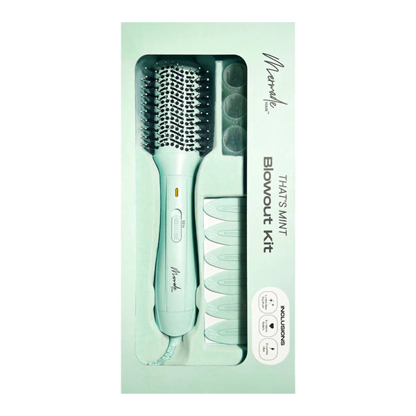 The Mermade Hair Thats Mint Three Piece Blowout Kit includes an ionic blow-dry brush, four hair clips, and three curling rollers for a salon-worthy blowout.