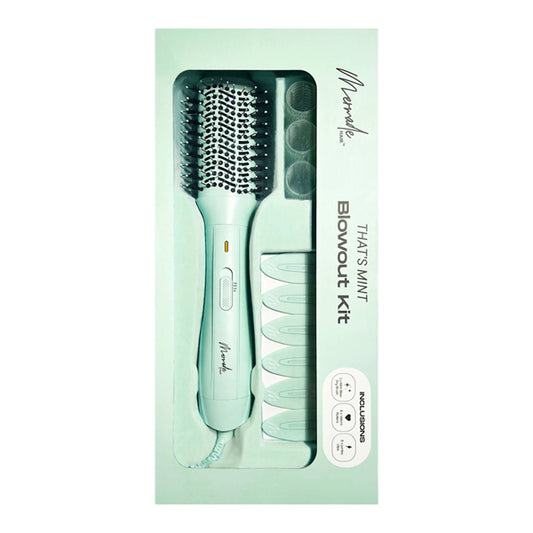 The Mermade Hair Thats Mint Three Piece Blowout Kit includes an ionic blow-dry brush, four hair clips, and three curling rollers for a salon-worthy blowout.