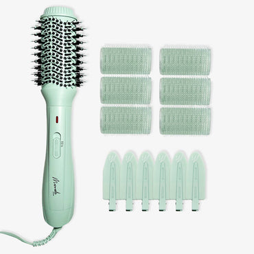 The Mermade Hair Thats Mint Three Piece Blowout Kit by Mermade Hair includes a mint green blow-dry brush, six matching hair rollers, and six clips—everything you need for a salon-worthy blowout at home.