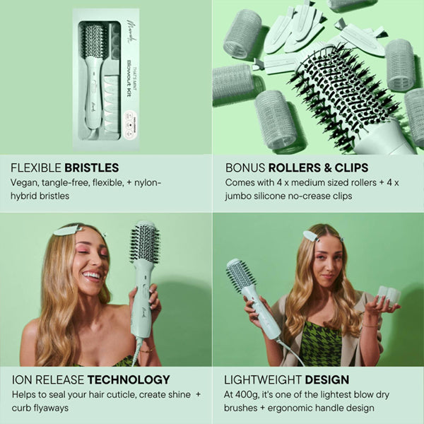 A four-panel image features a smiling woman using the Mermade Hair Thats Mint Three Piece Blowout Kit with flexible bristles, bonus rollers and clips, ion release tech, and lightweight design—everything for a salon-worthy blowout by Mermade Hair.