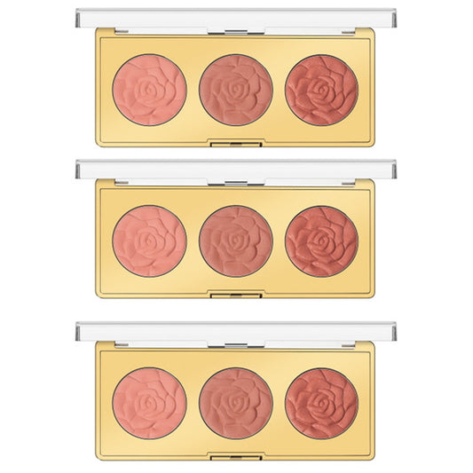 Three Milani 3 Pack Rose Powder Trio Blush Palettes, each featuring three highly pigmented blushes in pink and peach shades with rose-embossed designs.