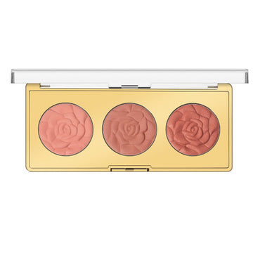 The Milani 3 Pack Rose Powder Trio Blush Palette - Floral Fantasy includes three rose-embossed, highly pigmented vegan blush shades in a gold case with a clear lid.