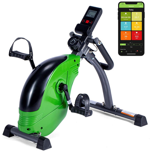 The ShareVgo Smart Portable Mini Folding Exercise Bike SPB1000 is a compact green and black pedal trainer with magnetic resistance, adjustable pedals, digital display, and Bluetooth app for fitness tracking on your smartphone.