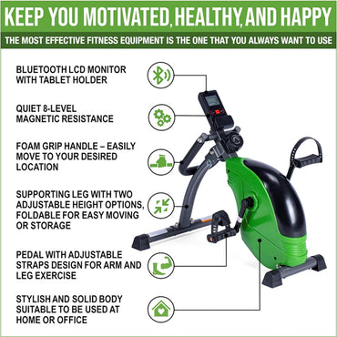 The ShareVgo Smart Portable Mini Folding Exercise Bike Bluetooth Trainer SPB1000 features magnetic resistance, LCD monitor, tablet holder, adjustable settings, and compact design—perfect for home or office use. Key features from ShareVgo are highlighted around the bike.