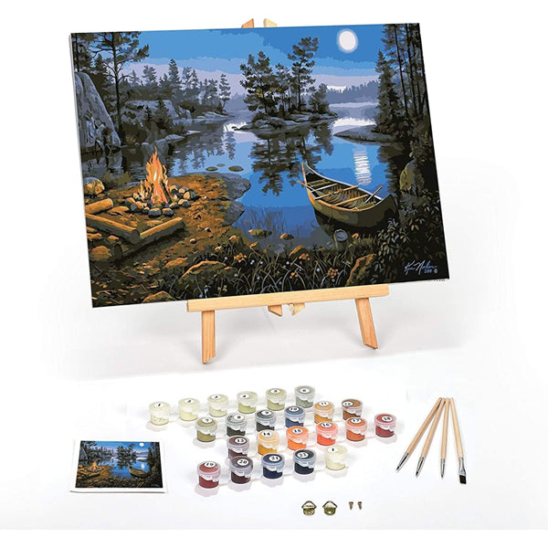 Ledgebay Paint by Number for Adults Framed Canvas Moonlight Bay, 16 x 20, features a lakeside campsite scene with canoe and campfire. Includes framed canvas with licensed art, paints, brushes, easel, and instructions—ideal for DIY adult crafts.