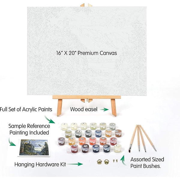 The Ledgebay Paint by Number for Adults Framed Canvas Moonlight Bay (16 x 20) includes a premium framed canvas, acrylic paints, three brushes, a sample painting, and hanging hardware—ideal for DIY arts and crafts or paint by number projects.